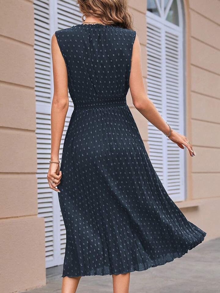 Swiss Dot Tie Neck Pleated Hem Dress