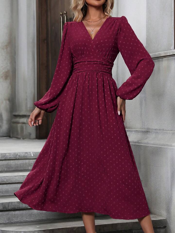 A & S Swiss Dot Surplice Neck Lantern Sleeve Ruched Waist Dress