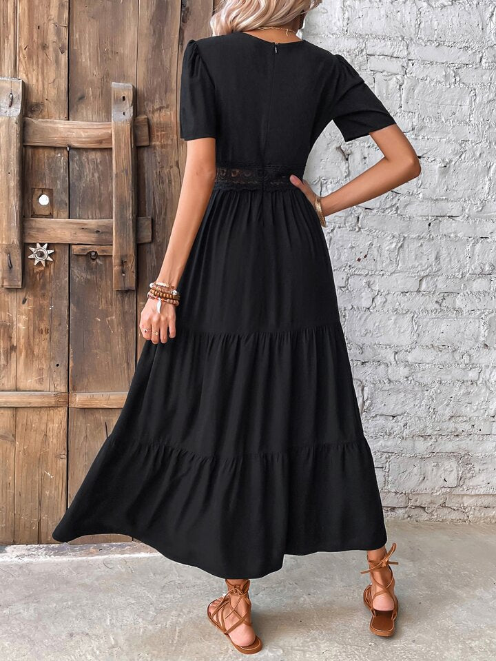 A & S Frenchy Guipure Lace Insert V Neck Layered Hem Dress