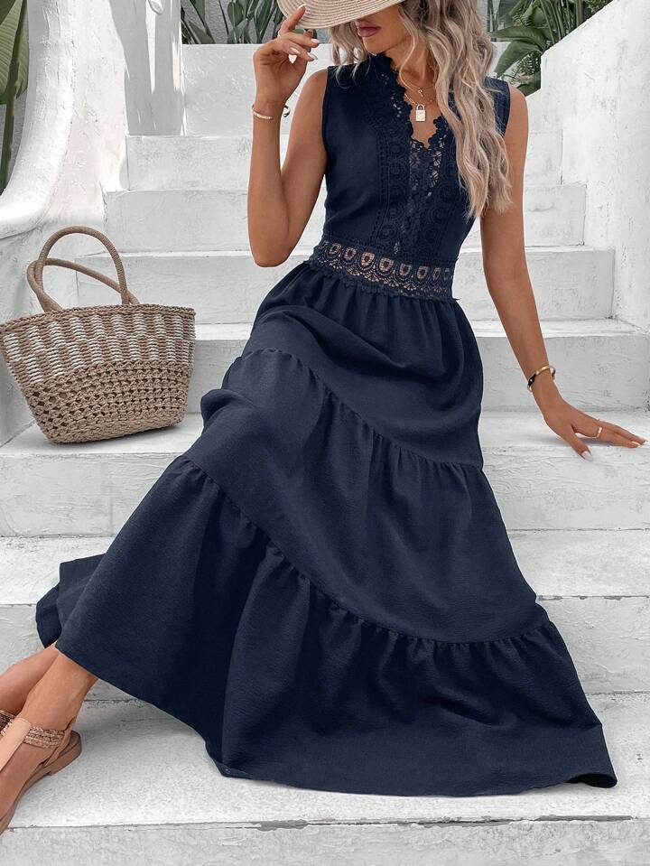 A & S Vacation Guipure Lace Insert Ruffle Hem Dress