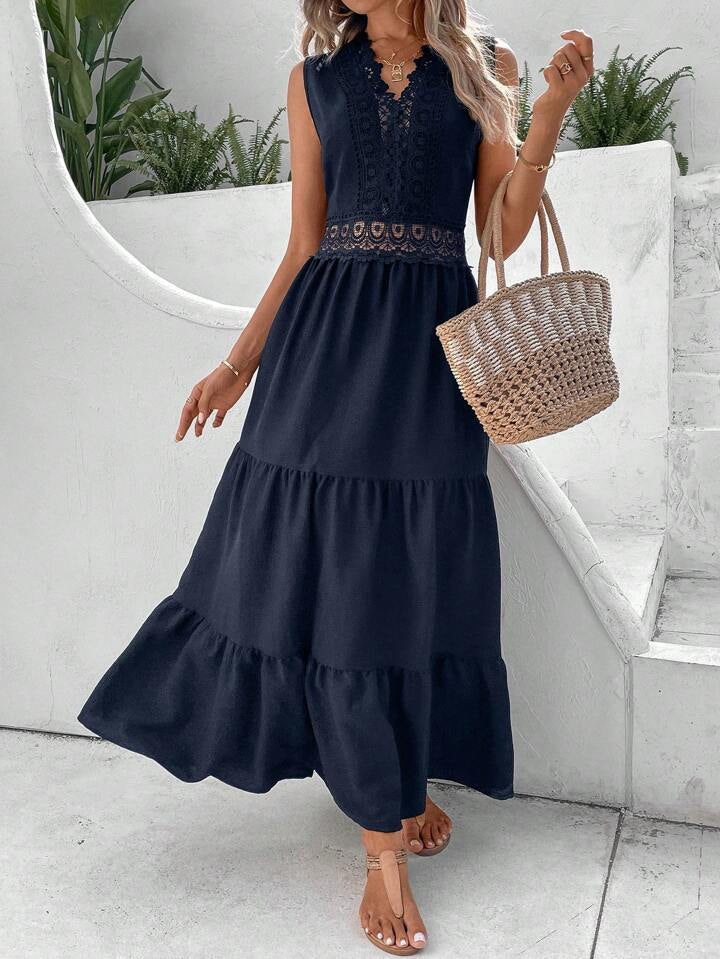 A & S Vacation Guipure Lace Insert Ruffle Hem Dress