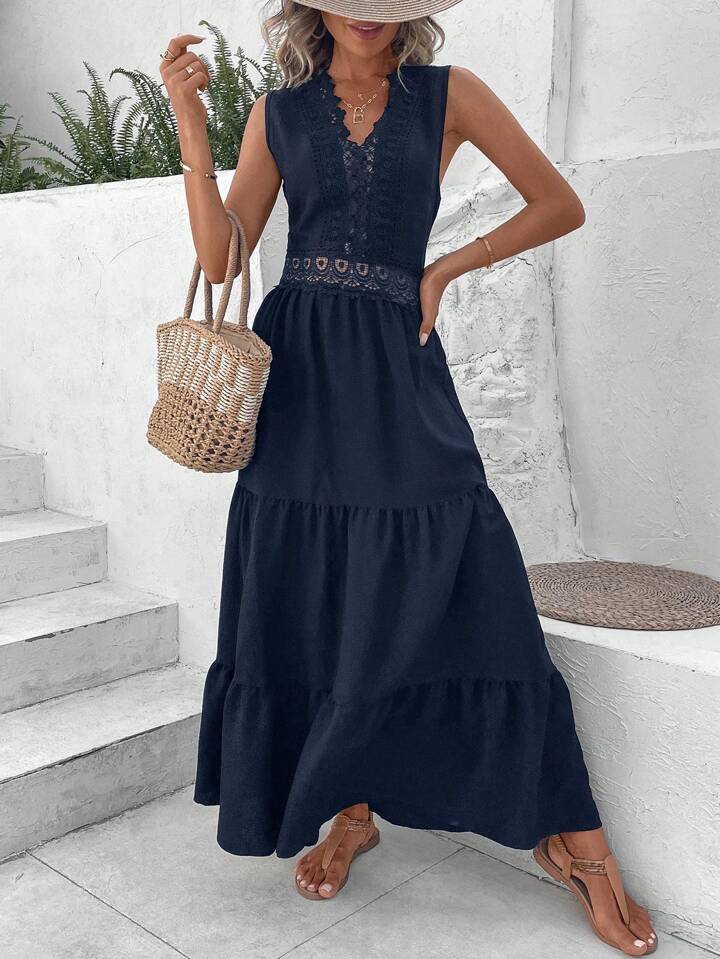 A & S Vacation Guipure Lace Insert Ruffle Hem Dress
