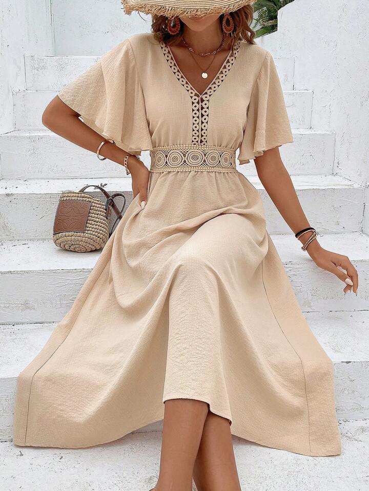 A & S Vacation Guipure Lace Insert Flounce Sleeve Dress