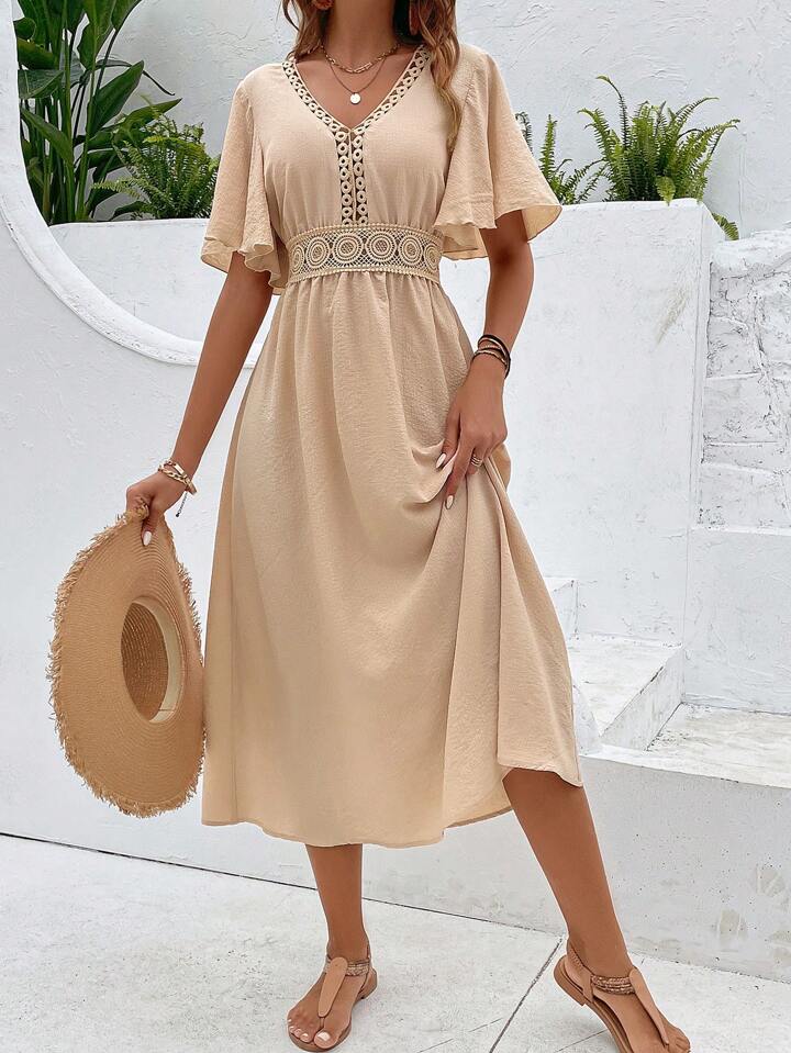 A & S Vacation Guipure Lace Insert Flounce Sleeve Dress