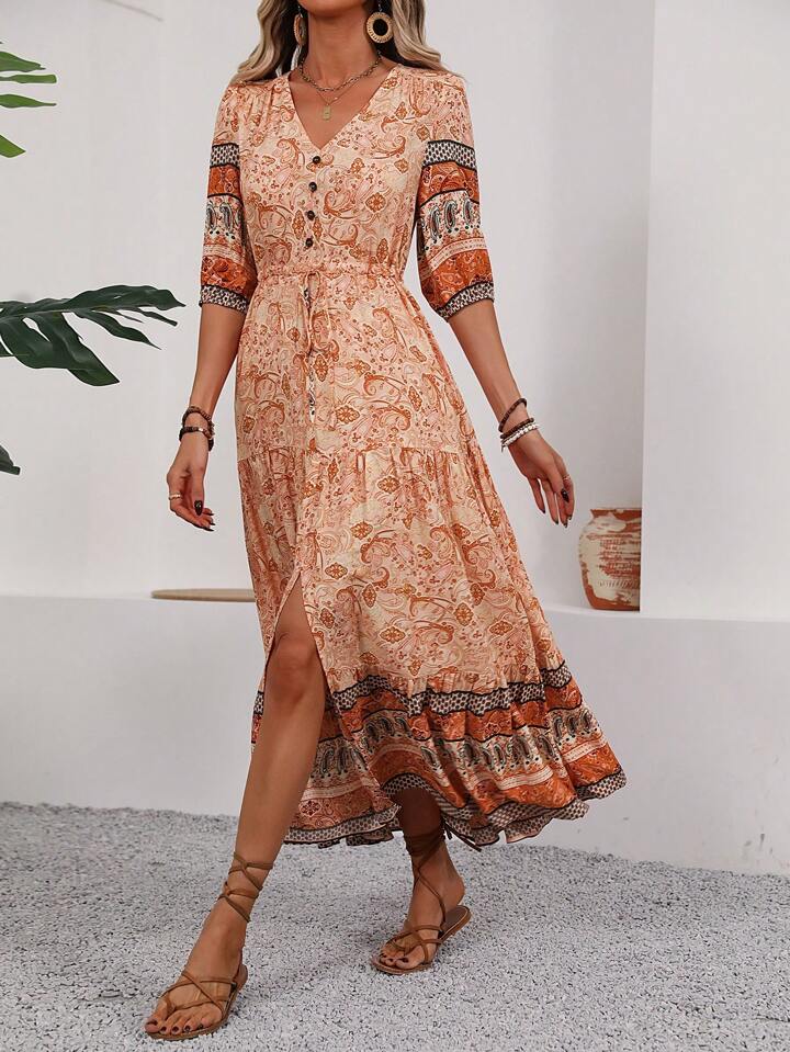 A & S Vintage Floral Print Drawstring Waist High Slit Dress