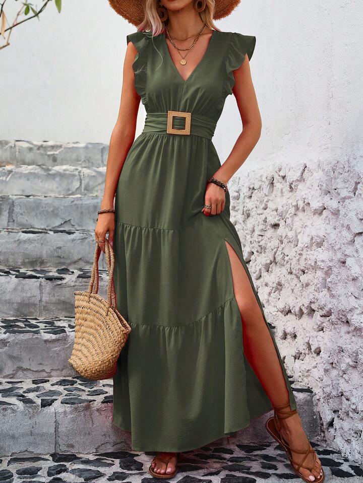 A & S Ladies’ Solid Color V-Neck Ruffle Sleeve Side Split Summer Dress