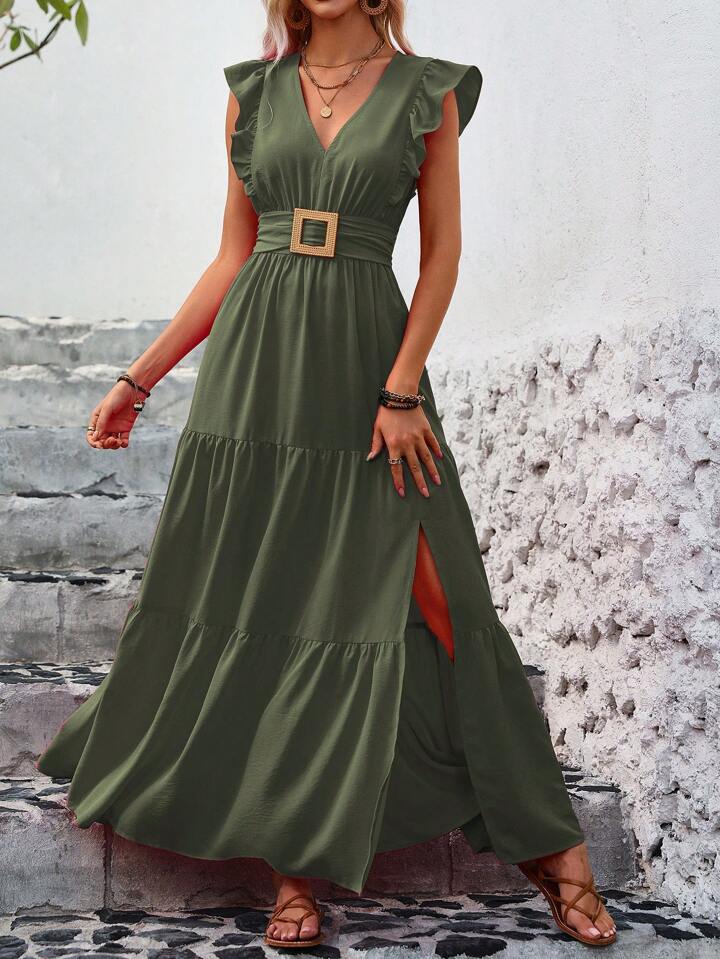 A & S Ladies’ Solid Color V-Neck Ruffle Sleeve Side Split Summer Dress