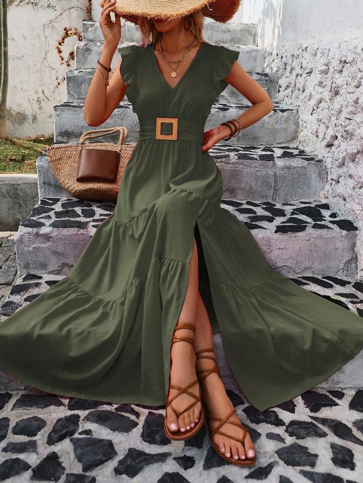 A & S Ladies’ Solid Color V-Neck Ruffle Sleeve Side Split Summer Dress