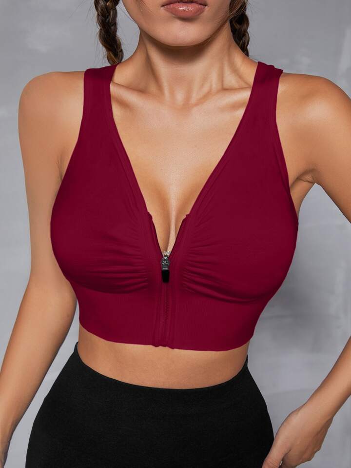 A & S Yoga Basic Cut Out Back Ruched Zip Up Sports Bra