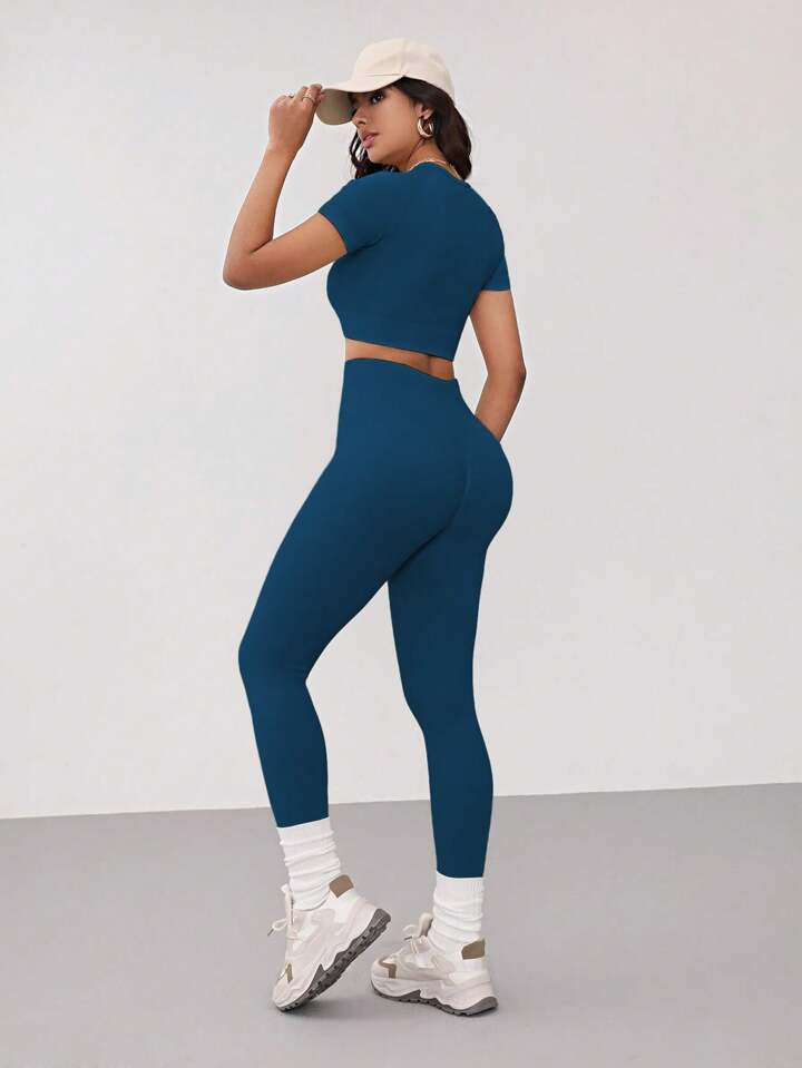 A & S Seamless High Stretch Sports Tee & Leggings Gym Clothes