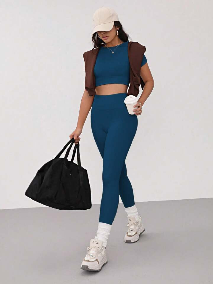 A & S Seamless High Stretch Sports Tee & Leggings Gym Clothes