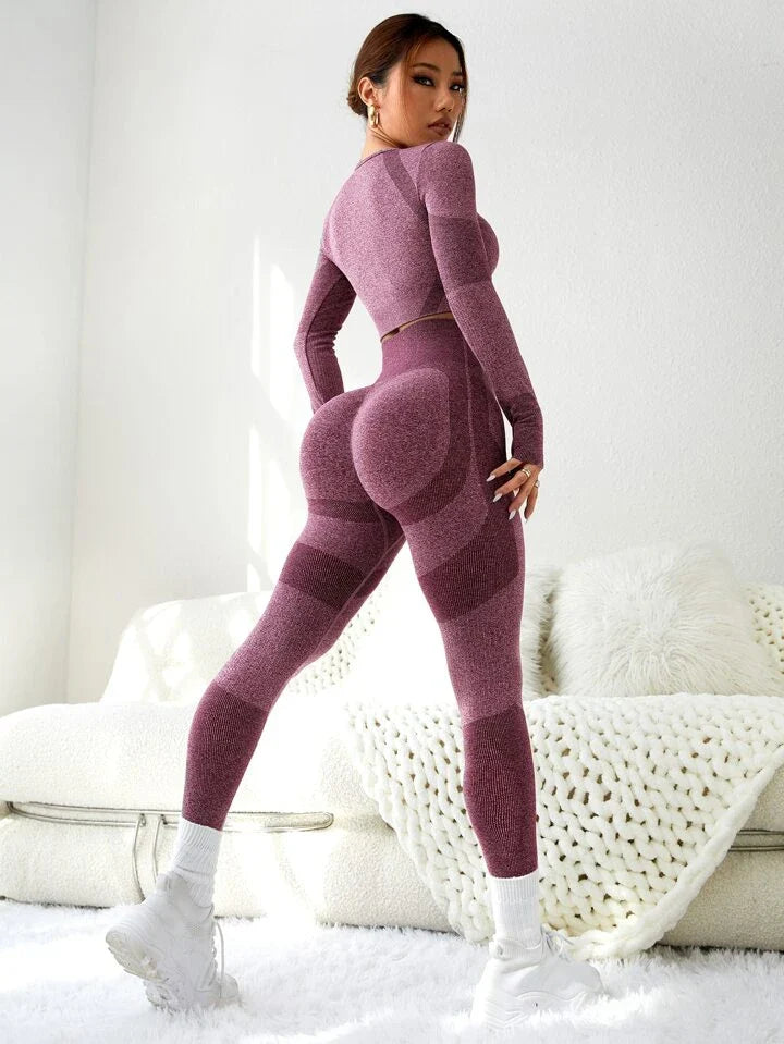 A & S 2pcs Seamless Gym Suit Yoga Set Thumbhole Tee & Tummy Control Legging