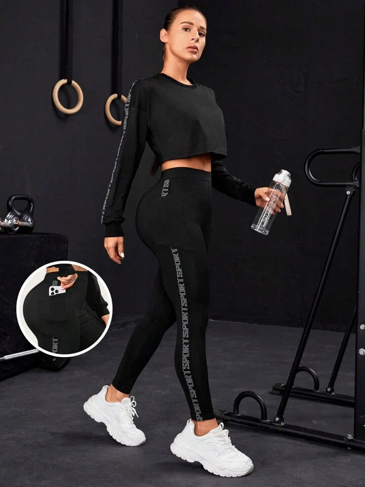 A & S Running Letter Graphic Crop Sports Sweatshirt & Leggings