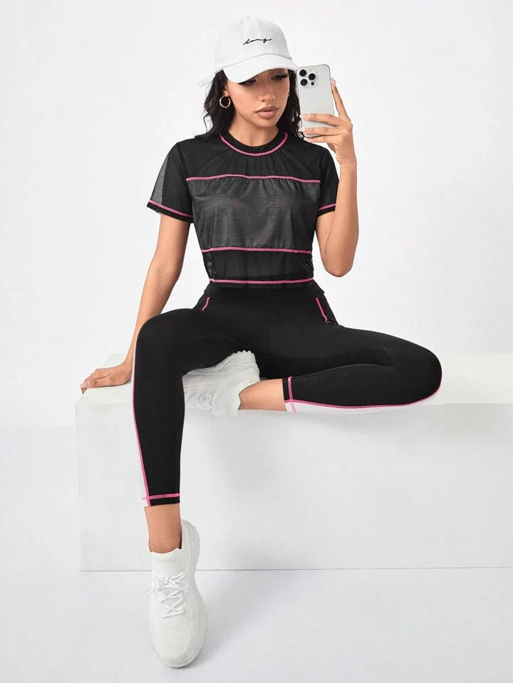 A & S Running Colorblock Sports Tee & Phone Pocket Side Leggings