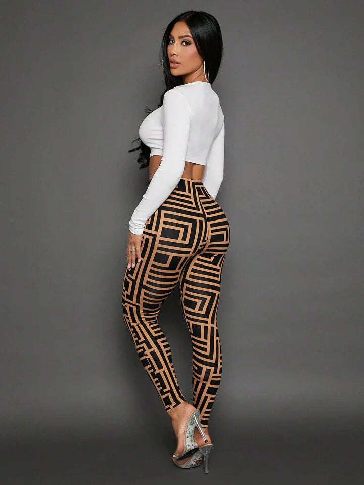 A & S Allover Print High Waist Leggings Irregular Waist Casual Pants