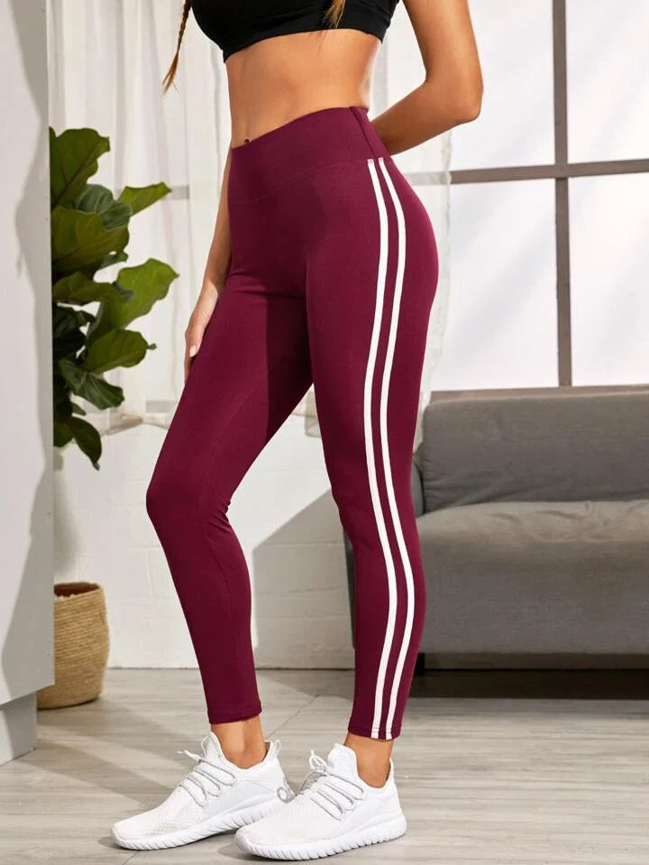 A & S Side Stripe Sports Tights High Stretch Tummy Control Athletic Leggings