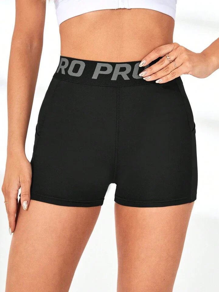 A & S Women's Letter Printed Drawstring Sports Shorts With Phone Pocket