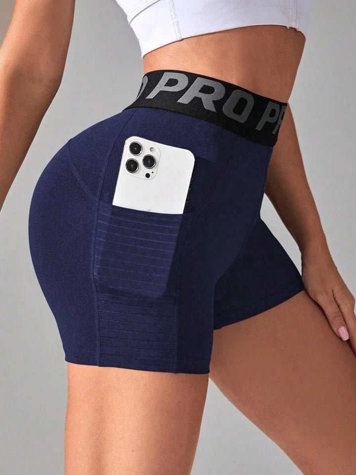 A & S Letter Print With Tummy Control And Side Pockets Blue Shorts