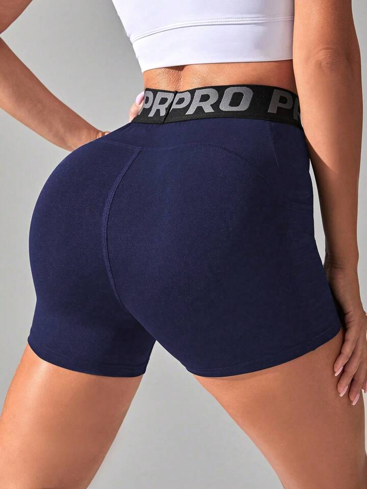 A & S Letter Print With Tummy Control And Side Pockets Blue Shorts