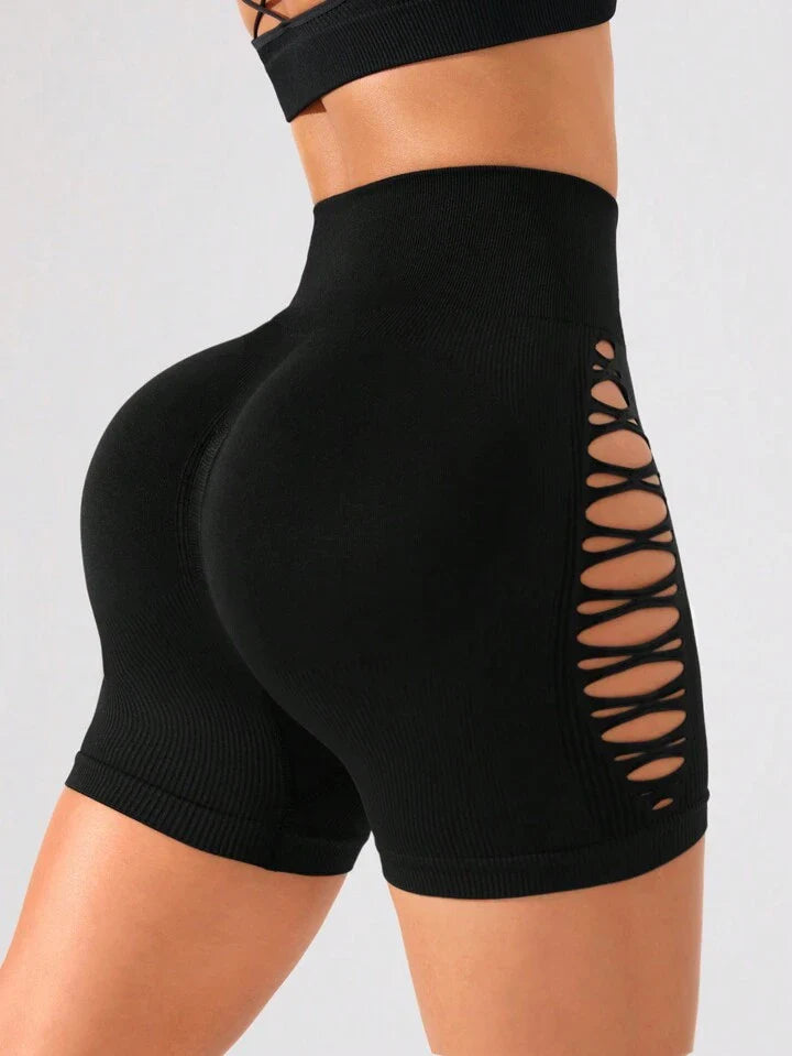 A & S Seamless Simple Solid Color Hollow Out Sports Shorts Boot Shorts