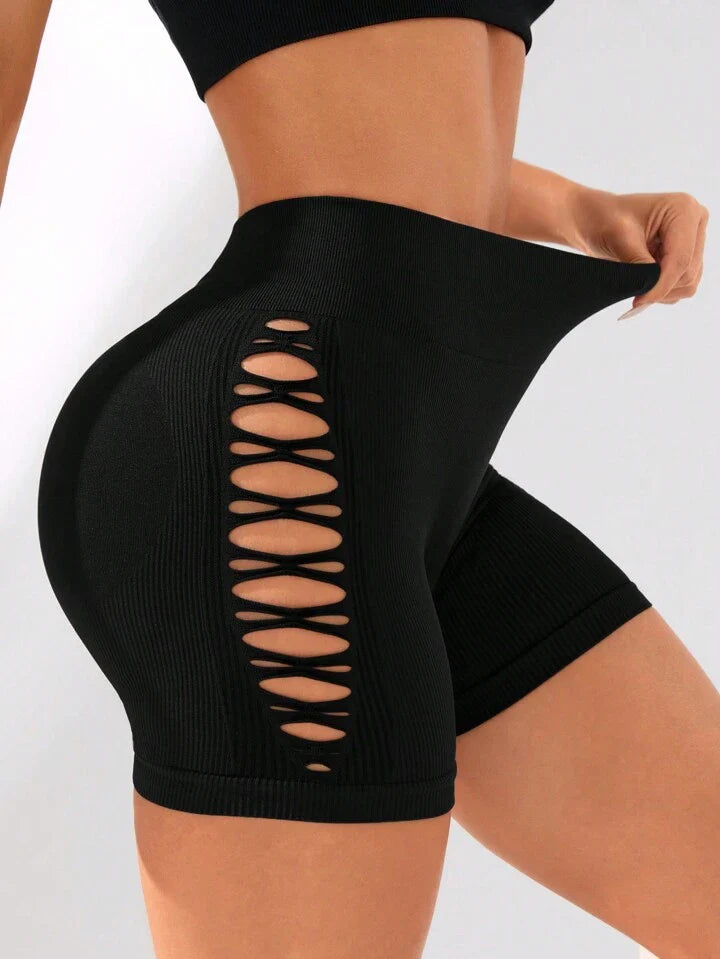 A & S Seamless Simple Solid Color Hollow Out Sports Shorts Boot Shorts