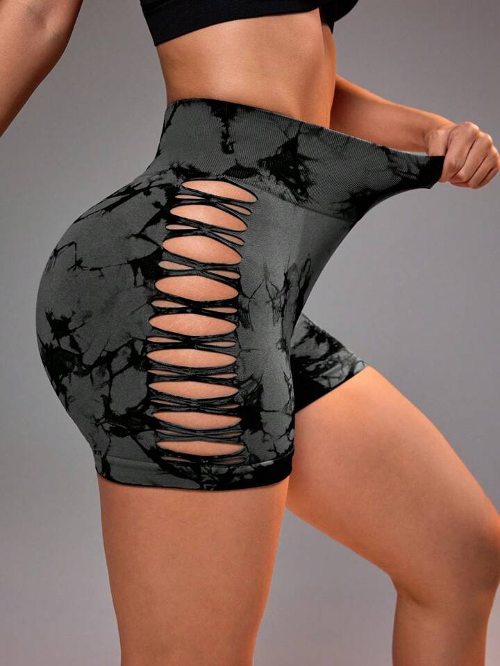 A & S Women's High Waist Tie-Dye Printed Hollow Out Side Seamless Sports Shorts
