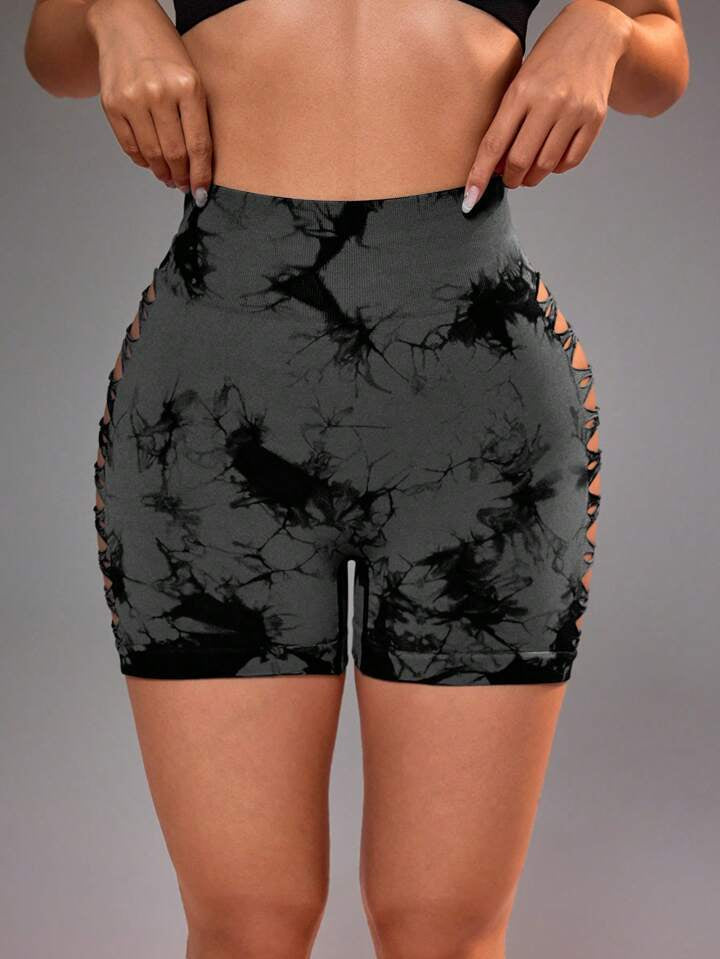 A & S Women's High Waist Tie-Dye Printed Hollow Out Side Seamless Sports Shorts
