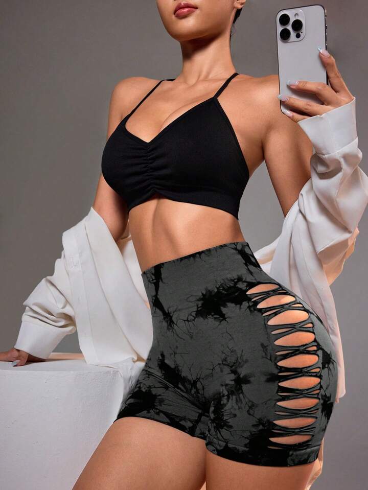 A & S Women's High Waist Tie-Dye Printed Hollow Out Side Seamless Sports Shorts