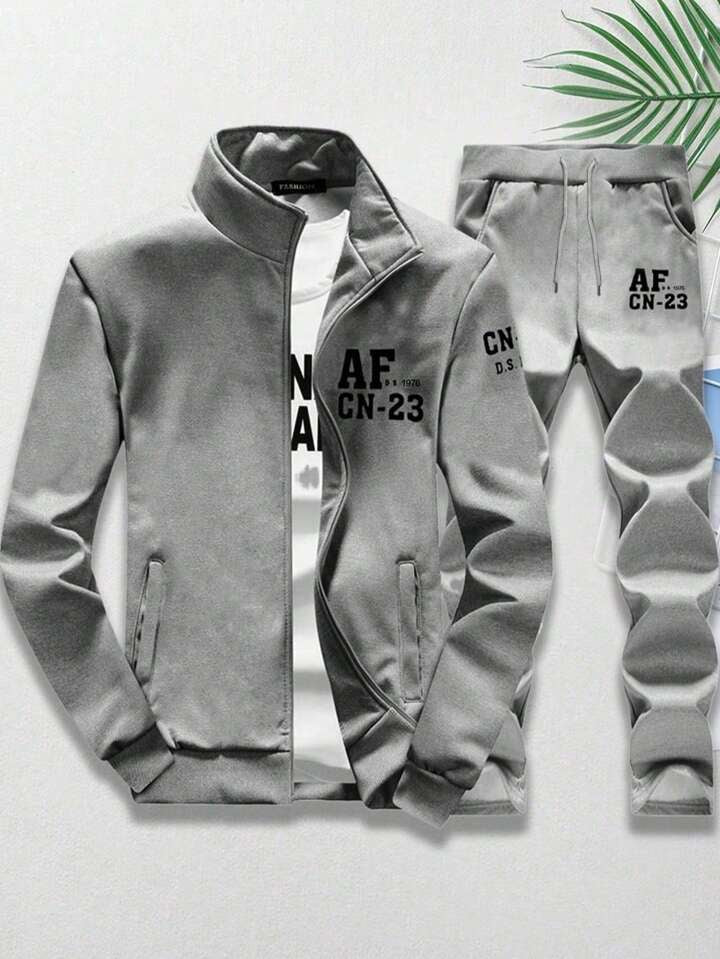 Men Autumn/Winter Stand Collar Letter Print Jacket And Long Pants Sportswear Set
