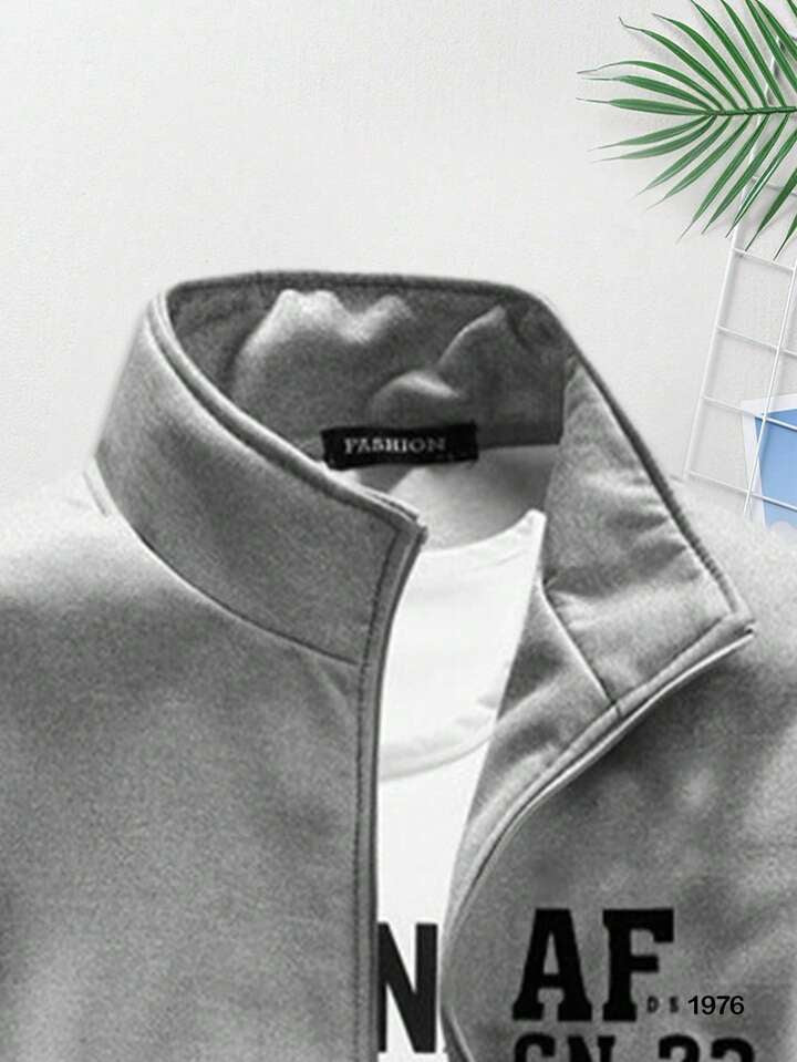 Men Autumn/Winter Stand Collar Letter Print Jacket And Long Pants Sportswear Set