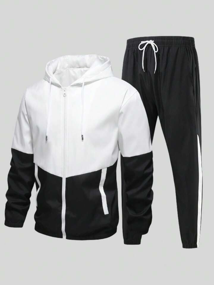 Men Two Tone Drawstring Hooded Sports Jacket & Sweatpants Gym Clothes