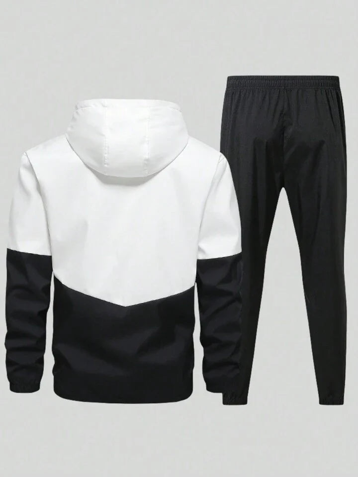 Men Two Tone Drawstring Hooded Sports Jacket & Sweatpants Gym Clothes