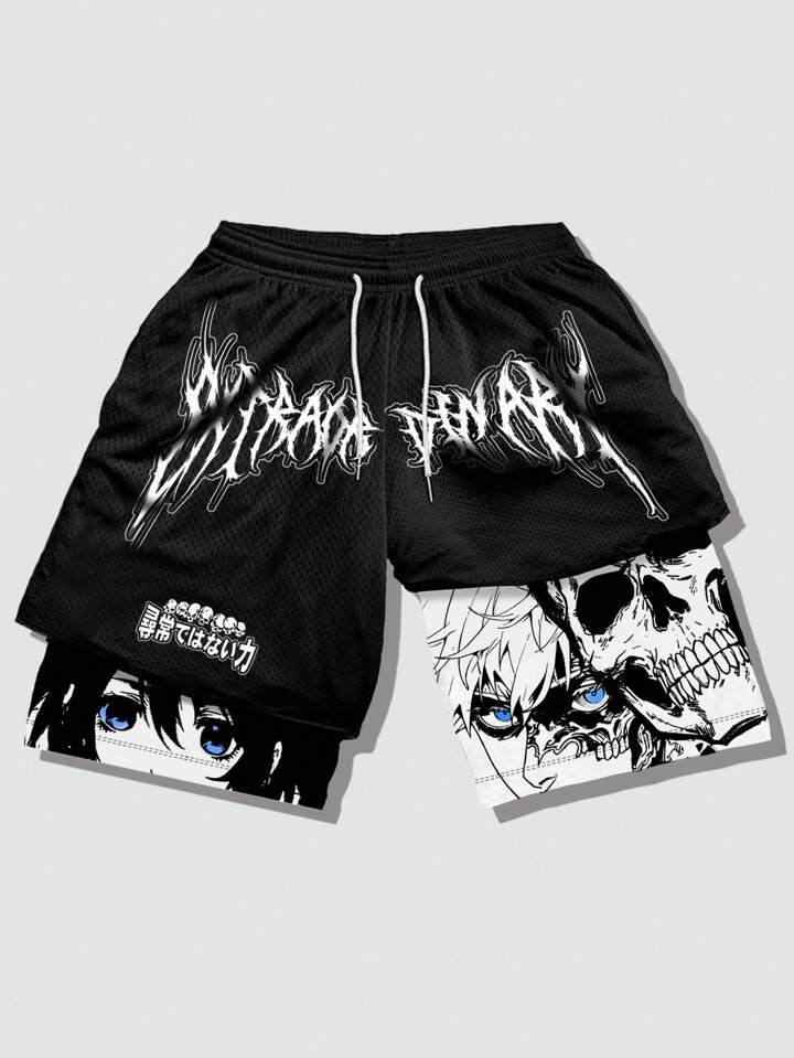 Anime Men's 2 In 1 Breathable With Slogan Print Basketball Mesh Shorts