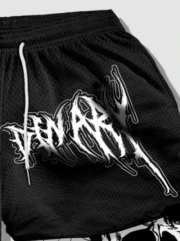 Anime Men's 2 In 1 Breathable With Slogan Print Basketball Mesh Shorts