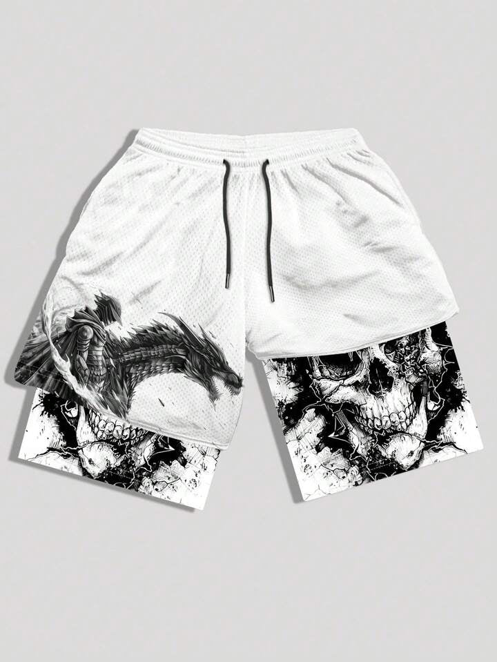 Goth Men Dragon Printed Athletic Basketball Mesh Shorts.