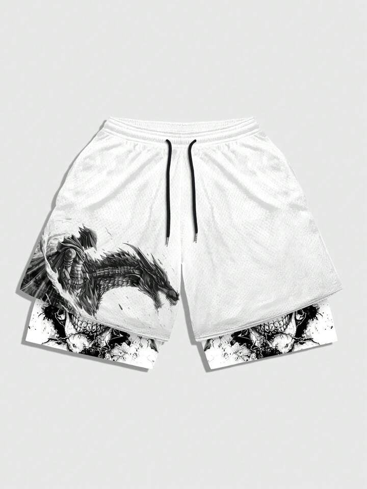 Goth Men Dragon Printed Athletic Basketball Mesh Shorts.
