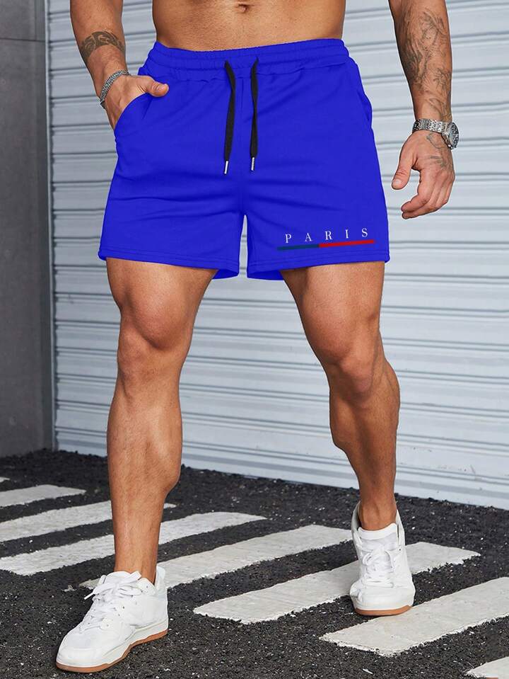 Homme Men Letter Graphic Drawstring Waist Shorts