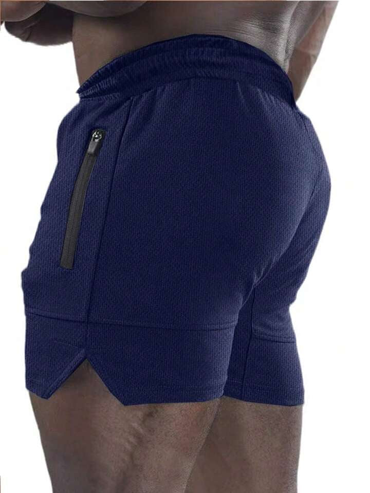 Men Zip Pocket Split Hem Drawstring Waist Shorts