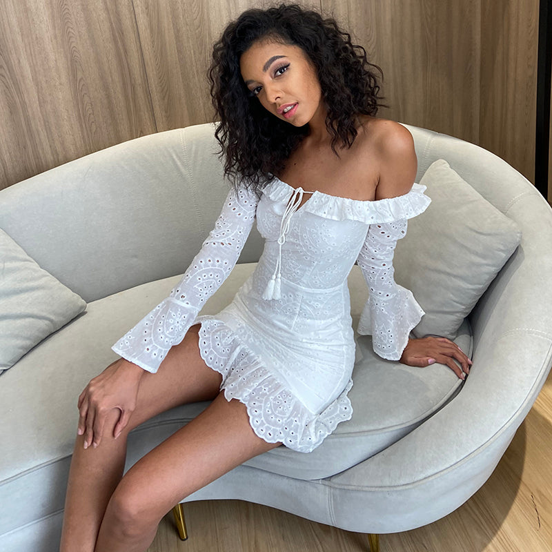 A & S Tied Fringe Ruffle Hem Schiffy Bardot Dress