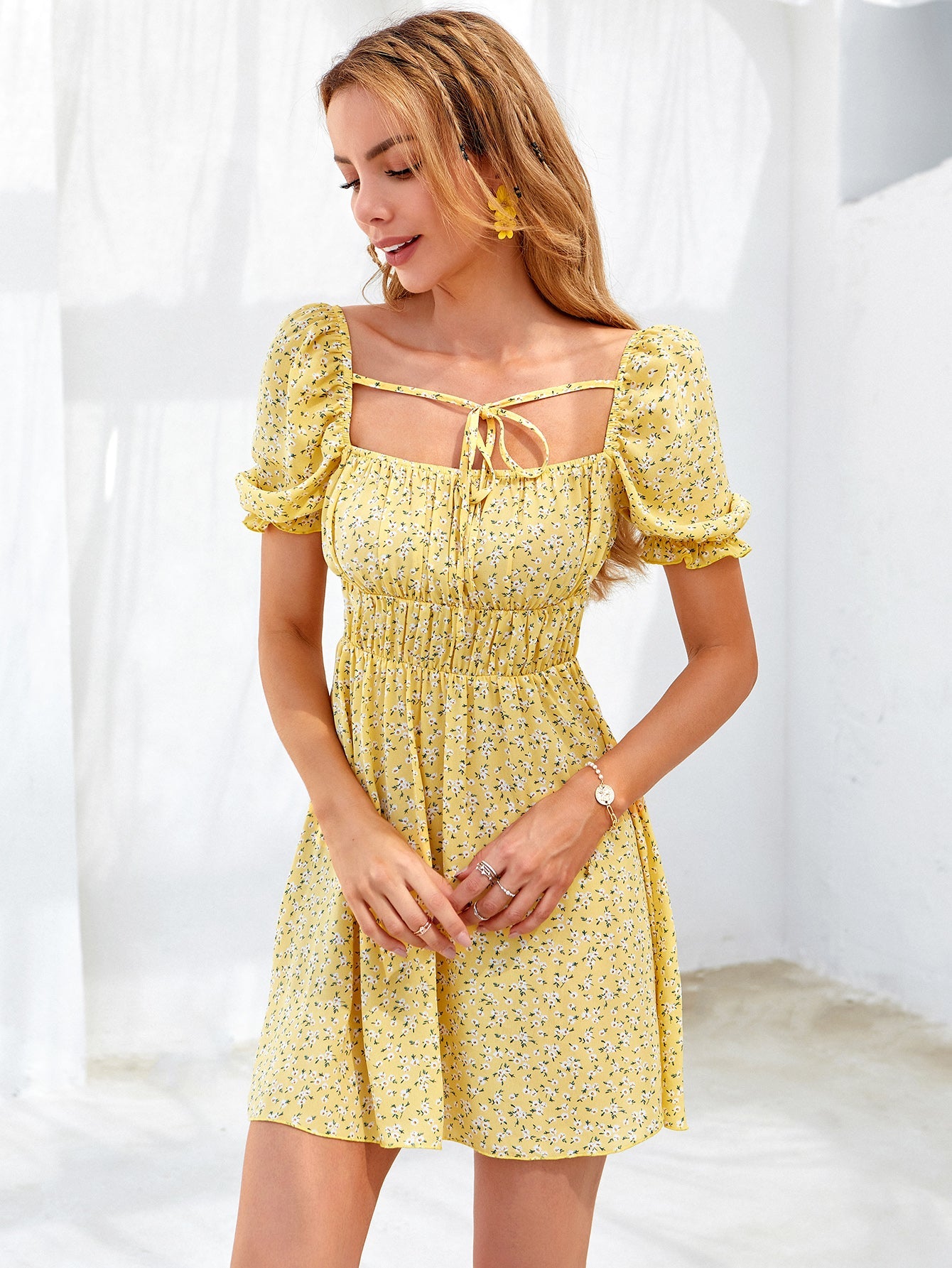 A & S Square Collar Sleeveless Summer Dress Yellow