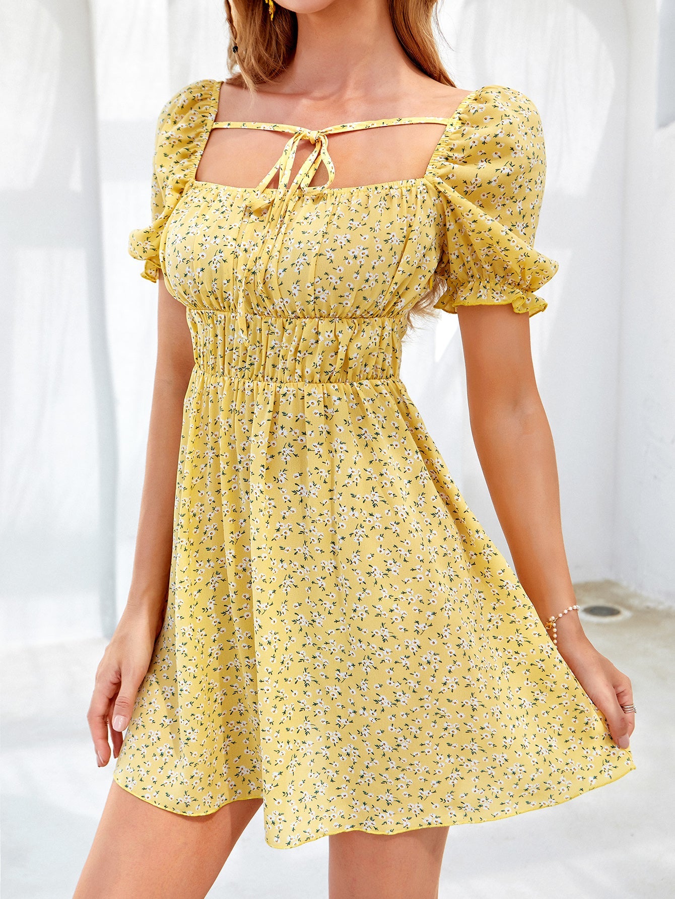 A & S Square Collar Sleeveless Summer Dress Yellow