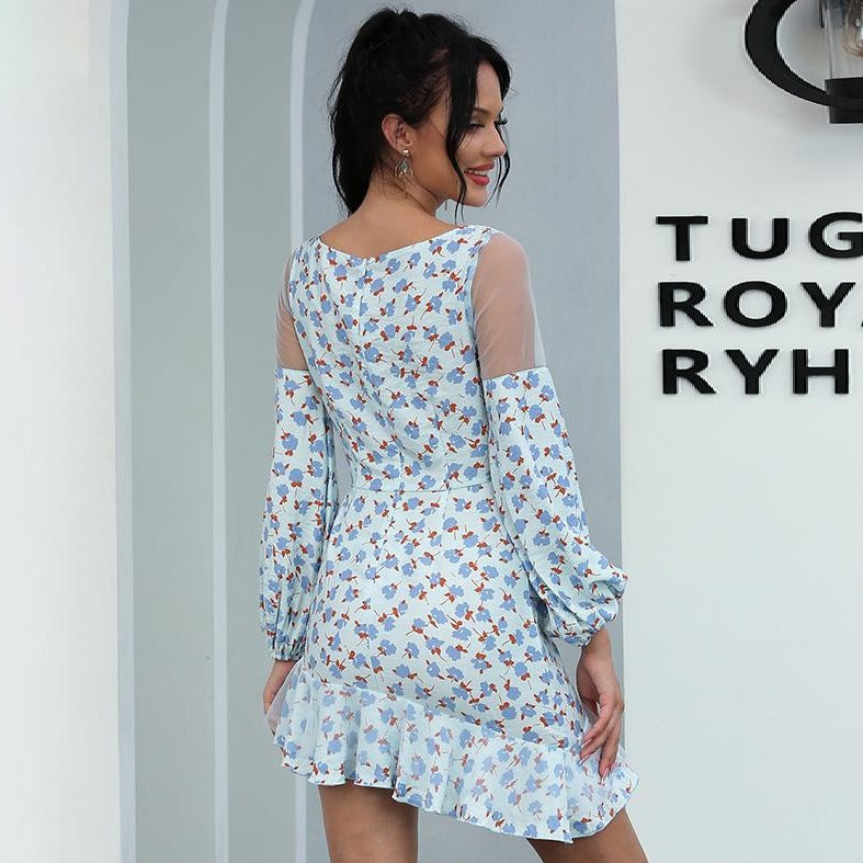 A & S Asymmetrical Transparent Casual Dresses Ruffle Hem Floral Dress