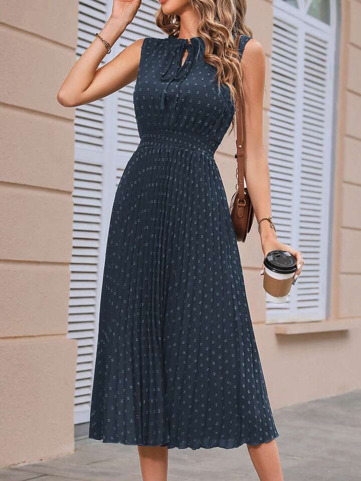 A & S Swiss Dot Tie Neck Pleated Hem Dress