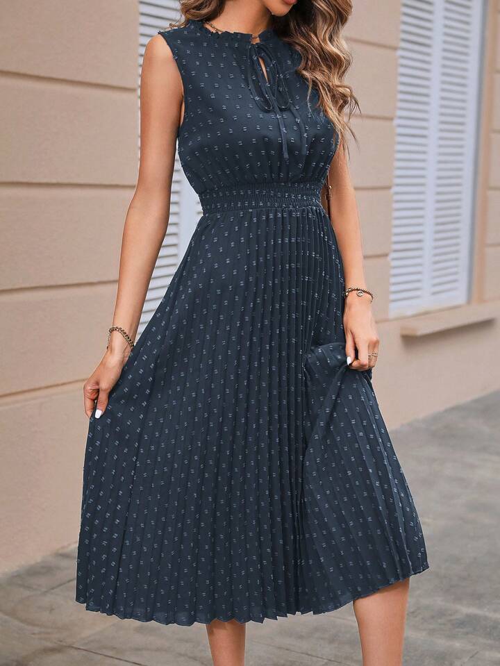 A & S Swiss Dot Tie Neck Pleated Hem Dress