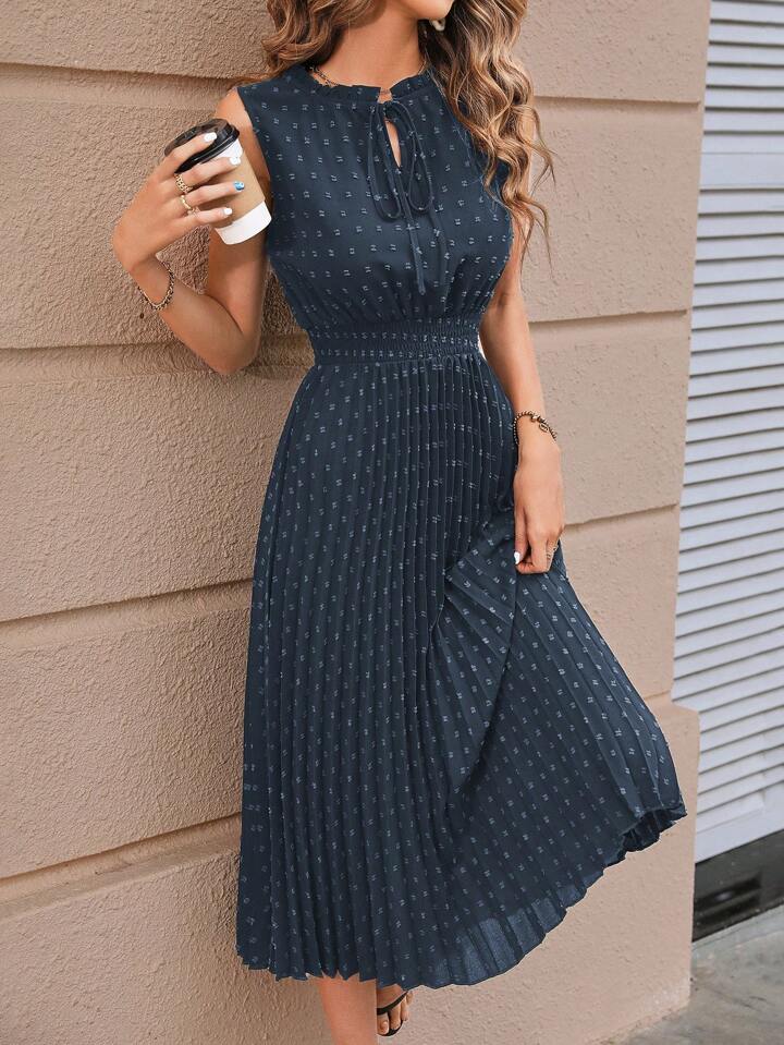 A & S Swiss Dot Tie Neck Pleated Hem Dress