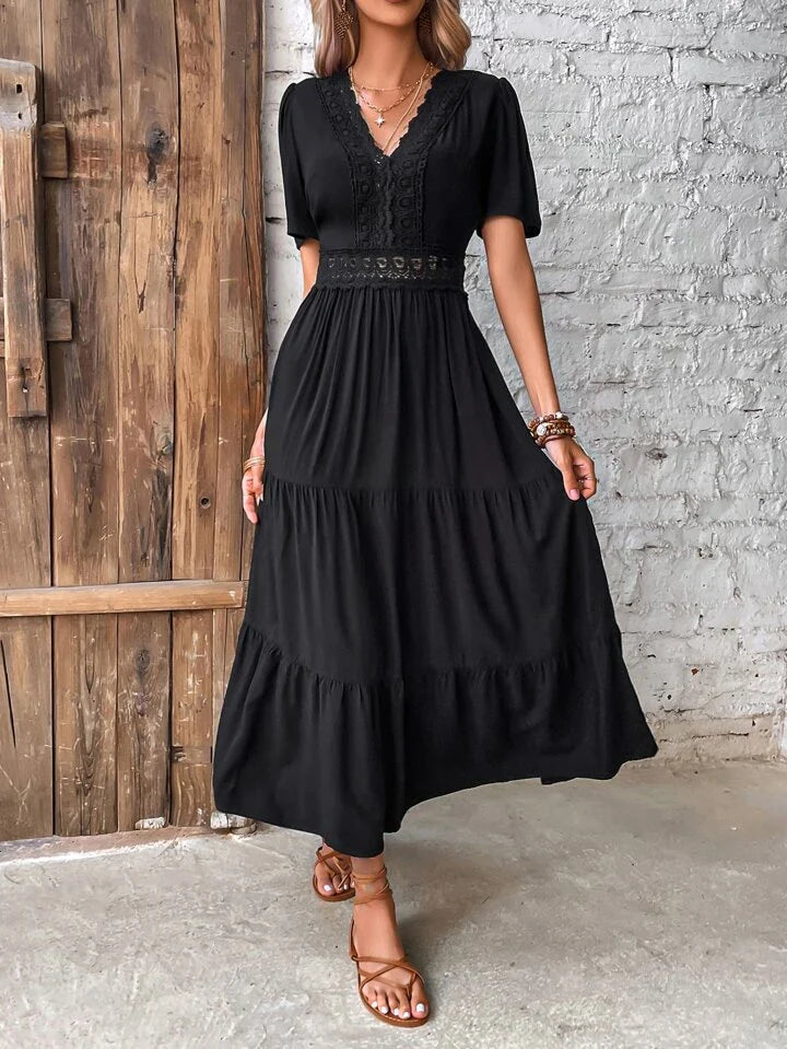 A & S Frenchy Guipure Lace Insert V Neck Layered Hem Dress