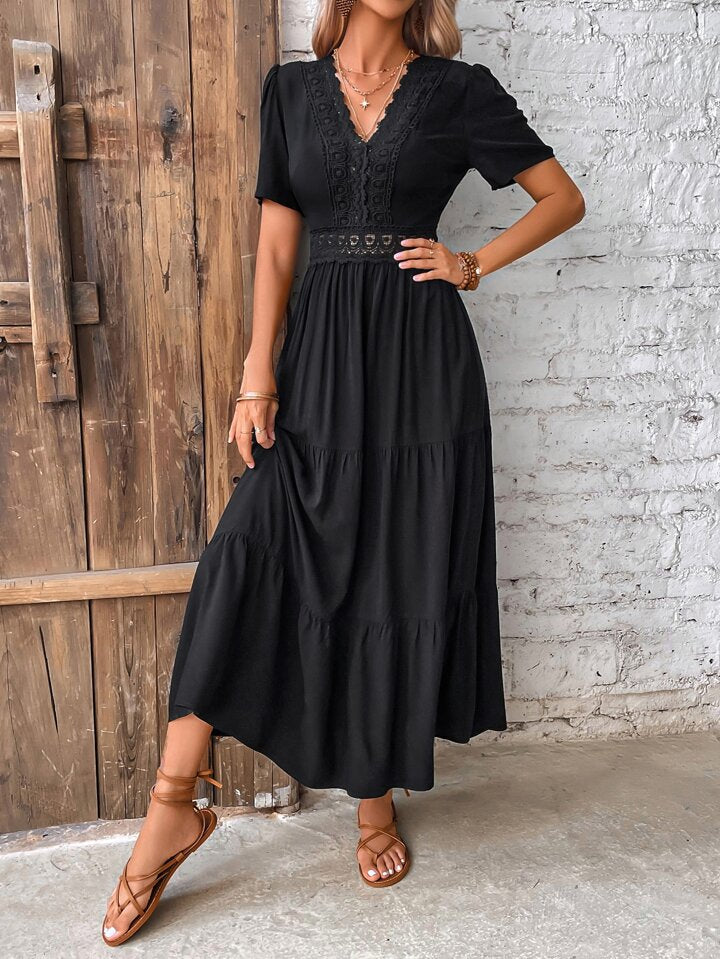 A & S Frenchy Guipure Lace Insert V Neck Layered Hem Dress