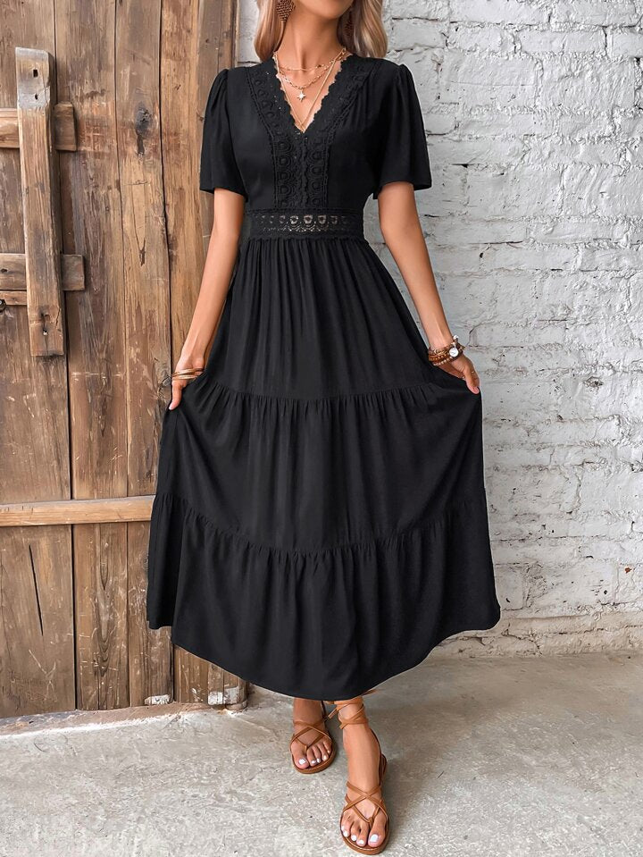 A & S Frenchy Guipure Lace Insert V Neck Layered Hem Dress