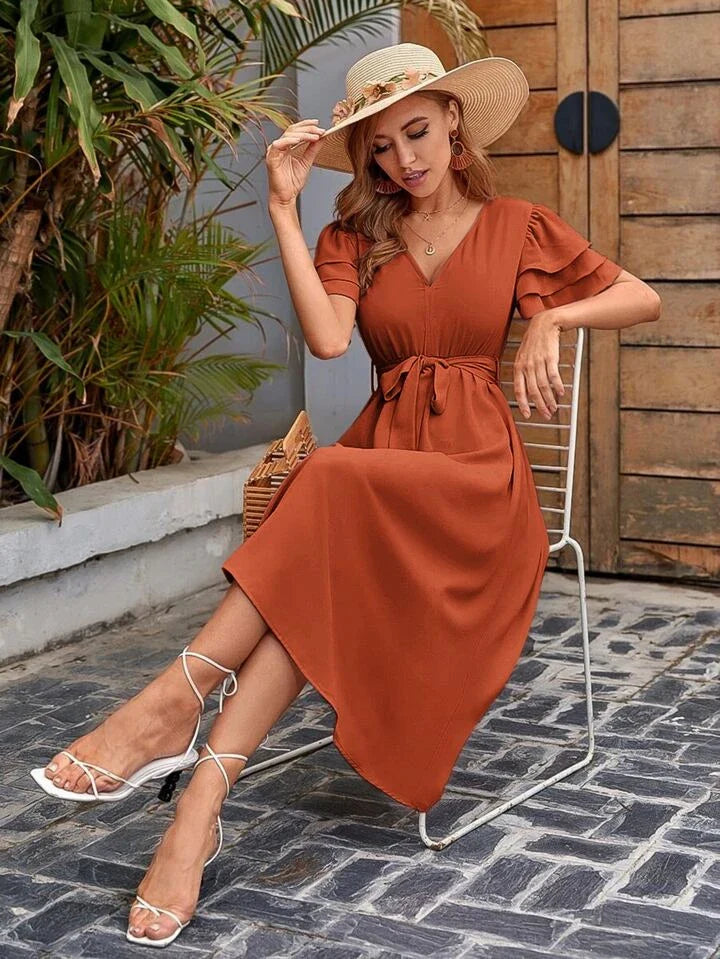 A & S Vacation V-Neck Layered Sleeve Belted Dress