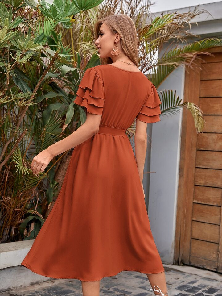 A & S Vacation V-Neck Layered Sleeve Belted Dress